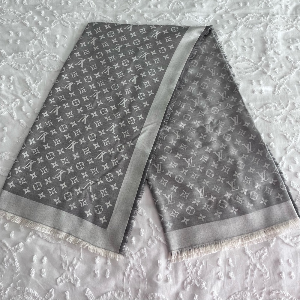 Louis Vuitton Pearl Grey Monogram Silk & Wool Denim Shawl